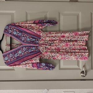 Boho summer v neck dress with pink and purple floral print by C+D+M size medium